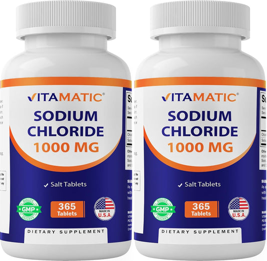 Salt Tablets 1000mg - Non-GMO Gluten Free 365 Tablets - Electrolyte Replenisher for Hydration - 2 Bottles of Sodium Chloride Tablets