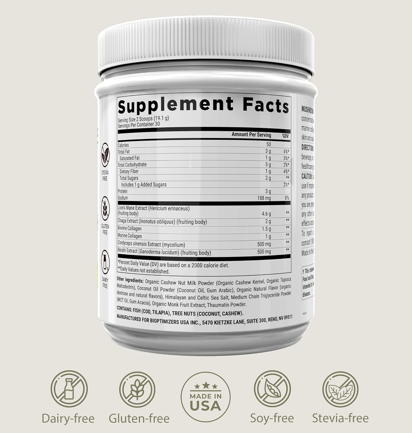 Salted Caramel Mushroom Drink with 5 Superfoods, Collagen & Energy Boost - Lion’s Mane, Chaga, Reishi Powder (30 Servings)