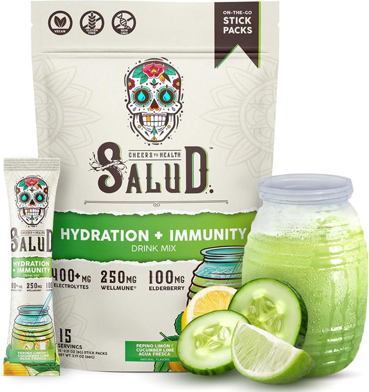 Salud Salud Cucumber Lime Hydration Packets with Immunity Electrolytes - Agua Fresca Drink Mix, Elderberry, Vegan, Low Calorie (15 Servings)