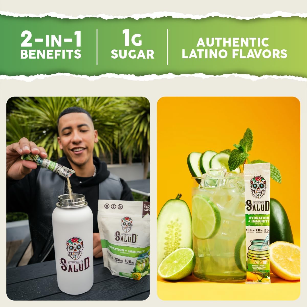 Salud Salud Cucumber Lime Hydration Packets with Immunity Electrolytes - Agua Fresca Drink Mix, Elderberry, Vegan, Low Calorie (15 Servings)