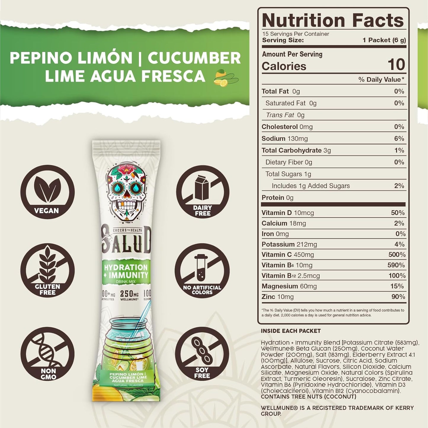 Salud Salud Cucumber Lime Hydration Packets with Immunity Electrolytes - Agua Fresca Drink Mix, Elderberry, Vegan, Low Calorie (15 Servings)