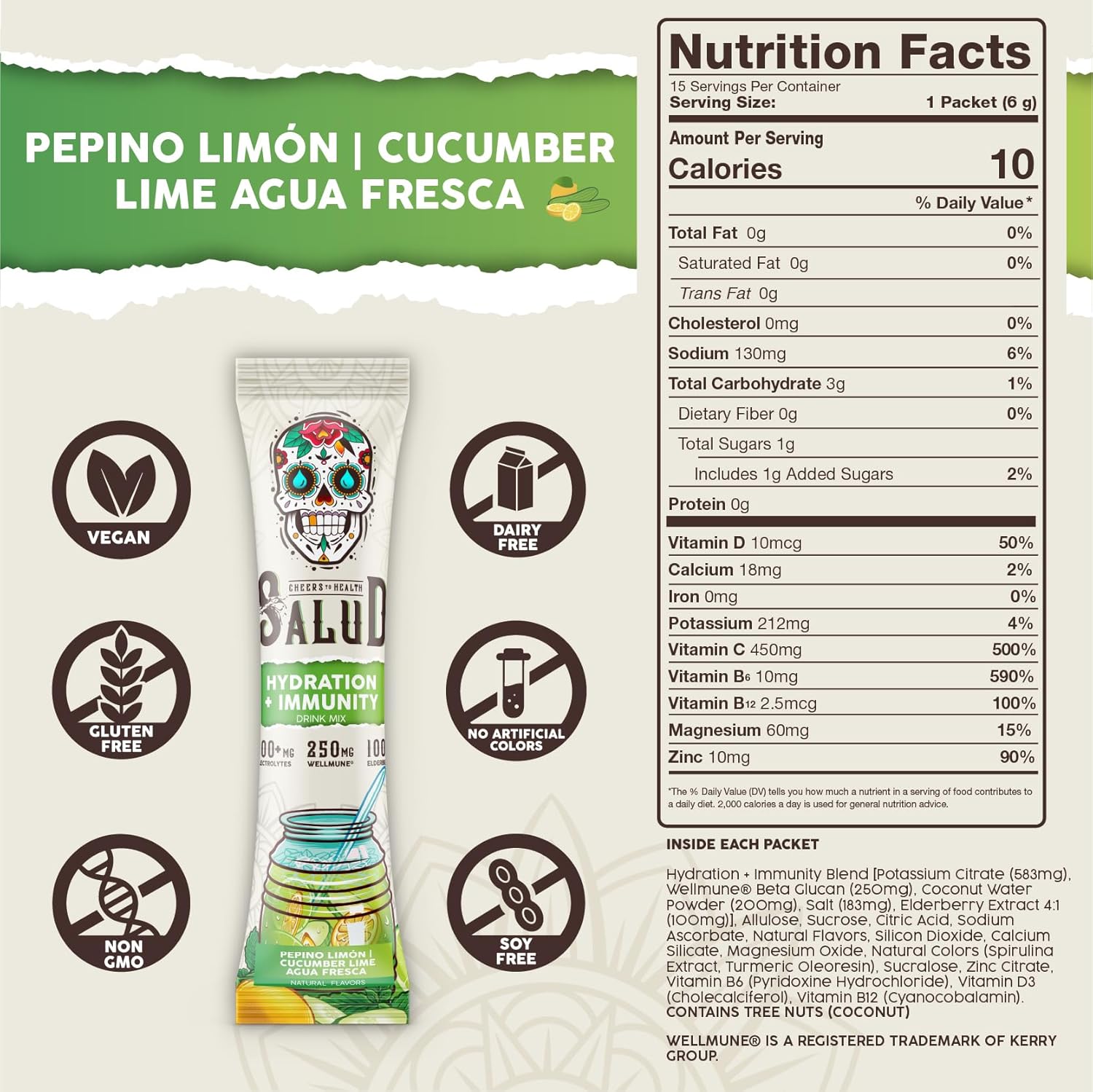 Salud Salud Cucumber Lime Hydration Packets with Immunity Electrolytes - Agua Fresca Drink Mix, Elderberry, Vegan, Low Calorie (15 Servings)
