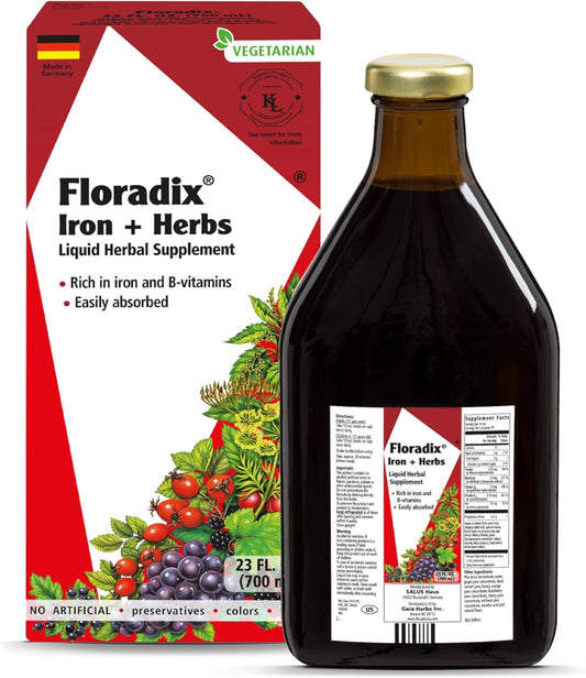 Salus Floradix Liquid Herbal Iron Supplement with Vitamin C & B Complex - Energy Support for Men & Women - 23 oz