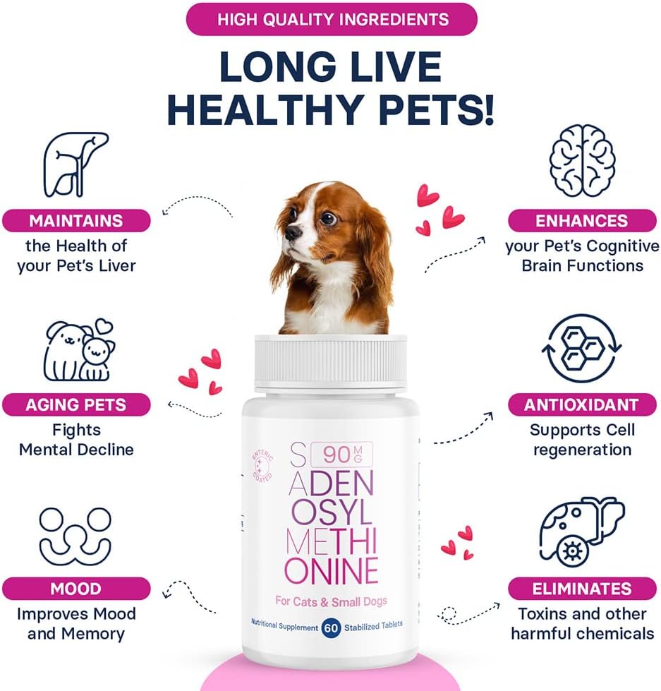 SAM-e Supplement for Small Dogs and Cats - Promotes Liver and Brain Health, 60 Coated Tablets with S-adenosylmethionine