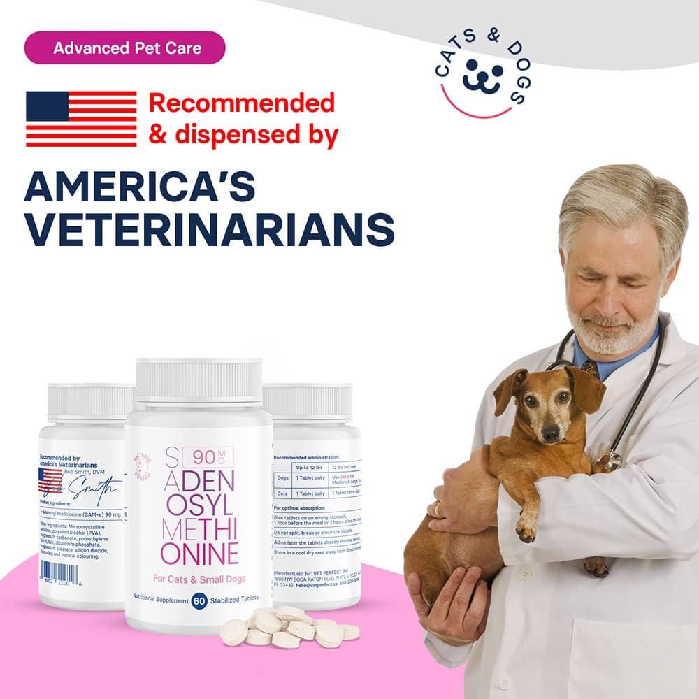 SAM-e Supplement for Small Dogs and Cats - Promotes Liver and Brain Health, 60 Coated Tablets with S-adenosylmethionine