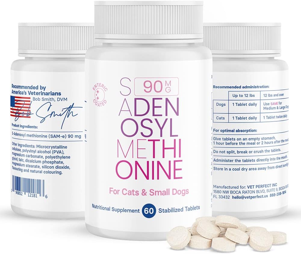 SAM-e Supplement for Small Dogs and Cats - Promotes Liver and Brain Health, 60 Coated Tablets with S-adenosylmethionine