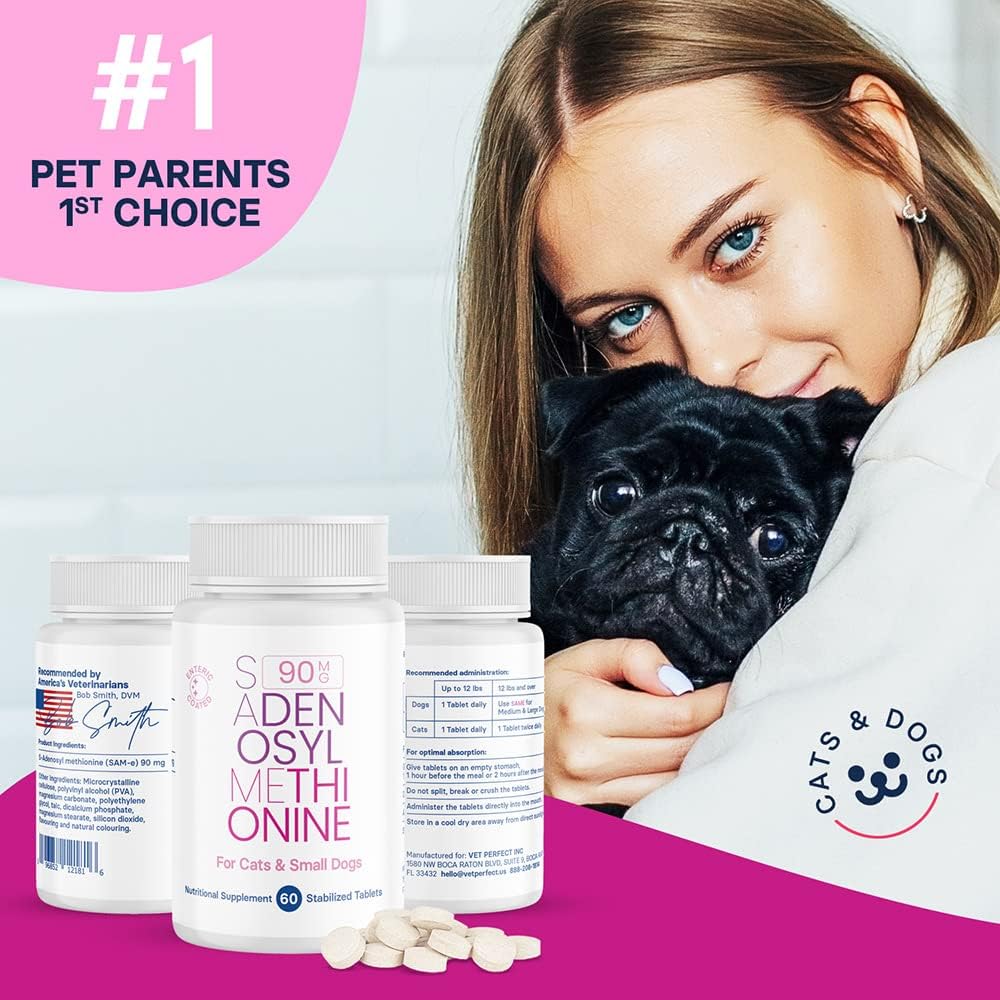 SAM-e Supplement for Small Dogs and Cats - Promotes Liver and Brain Health, 60 Coated Tablets with S-adenosylmethionine
