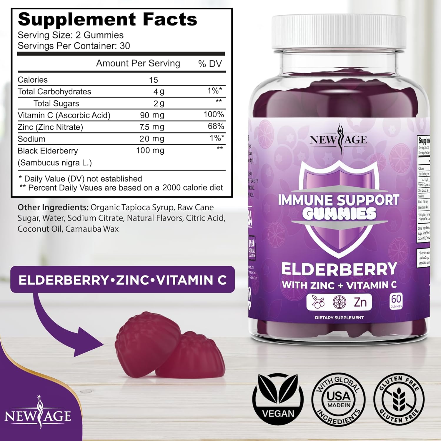 Sambucus Black Elderberry Gummies with Vitamin C and Zinc for Immune Support - 60 Gummies