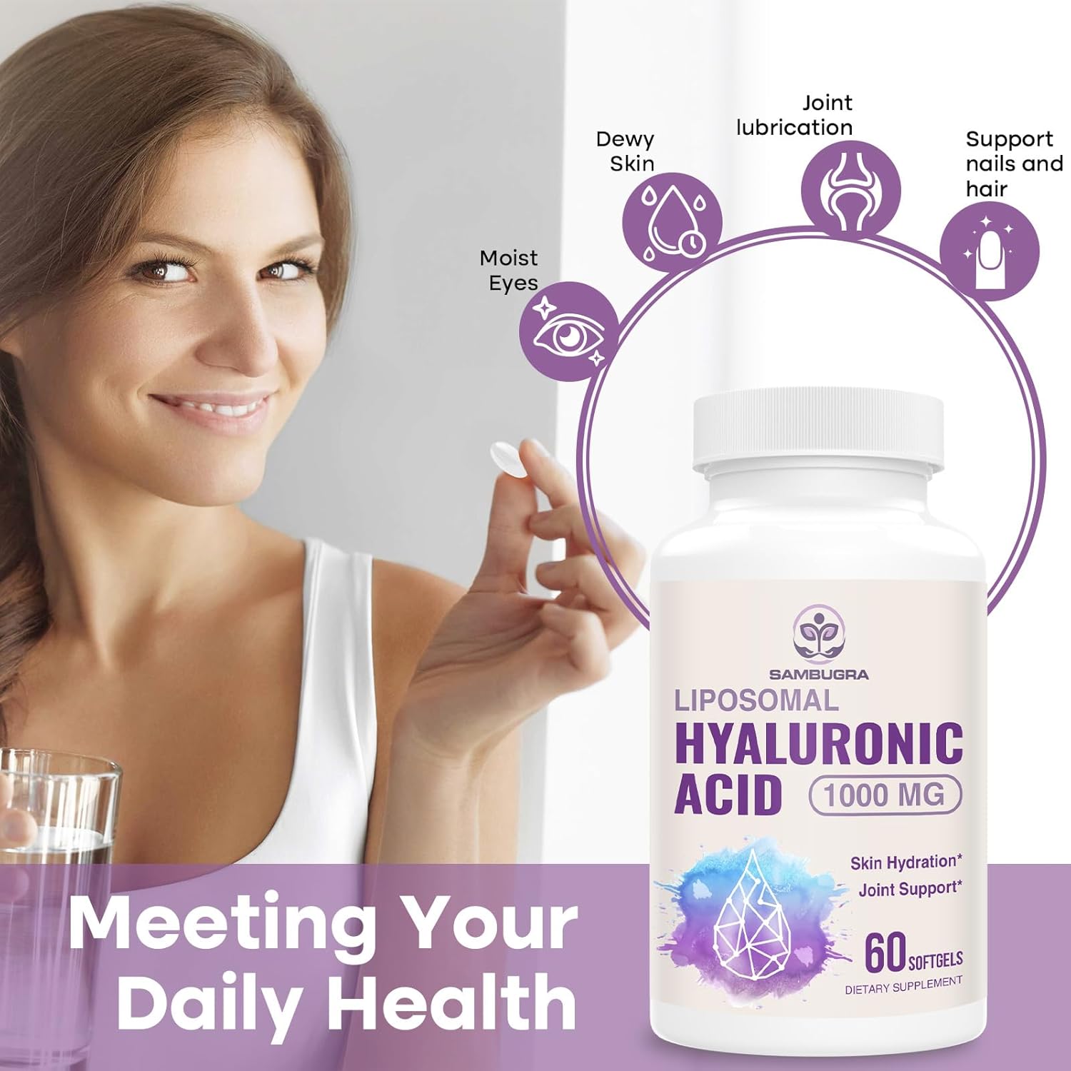 Sambugra Liposomal Hyaluronic Acid Capsules - 1000mg for Skin and Joint Support - High Bioavailability - 240 Capsules Total