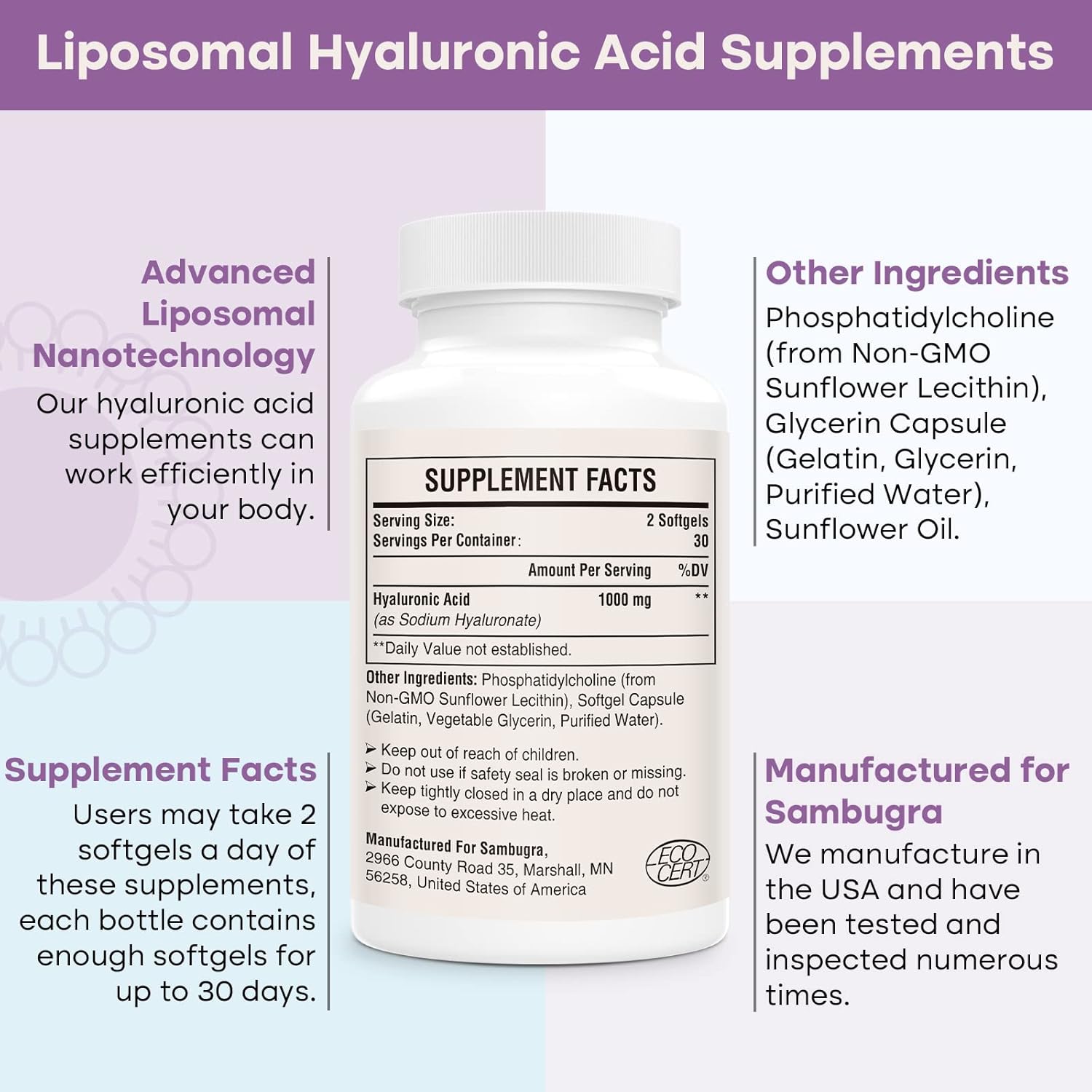 Sambugra Liposomal Hyaluronic Acid Capsules - 1000mg for Skin and Joint Support - High Bioavailability - 240 Capsules Total