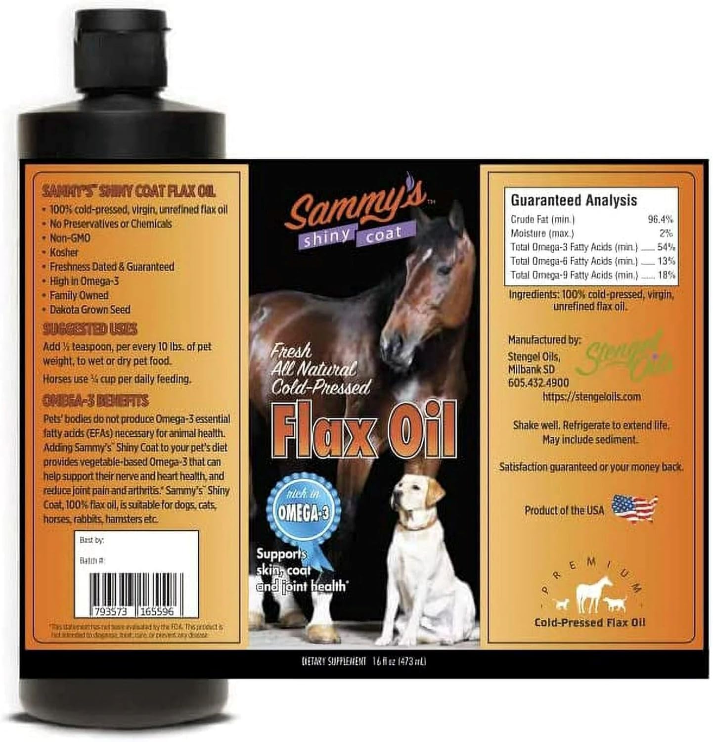 Sammy's Shiny Coat Flaxseed Oil Liquid Supplement for Pets - Omega-3 Fatty Acids for Skin and Coat - 16 oz Bottle