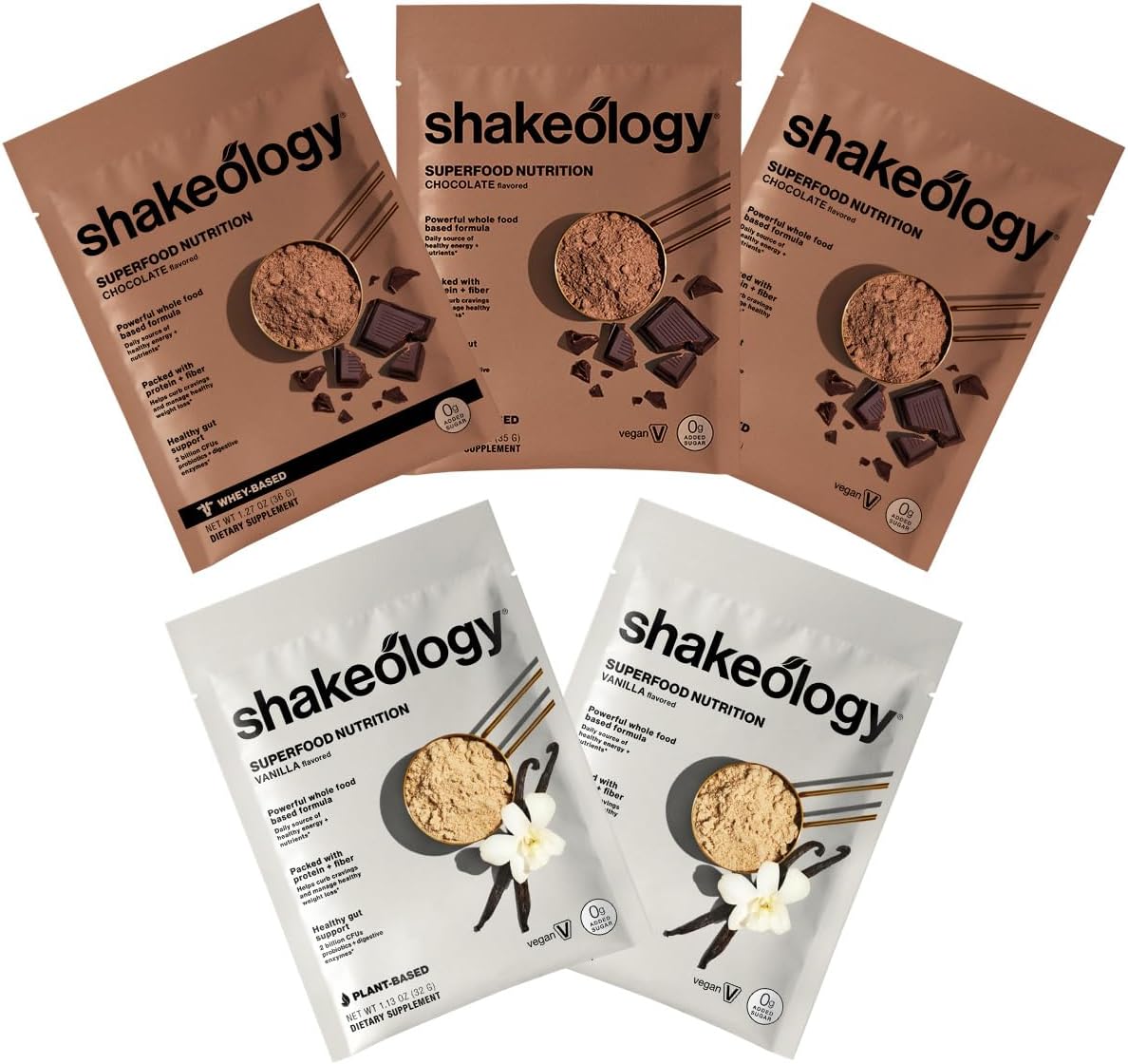 Sampler Pack: Shakeology Vegan & Whey Protein Powder with Supergreens, Probiotics, Adaptogens - 16g Protein per Serving