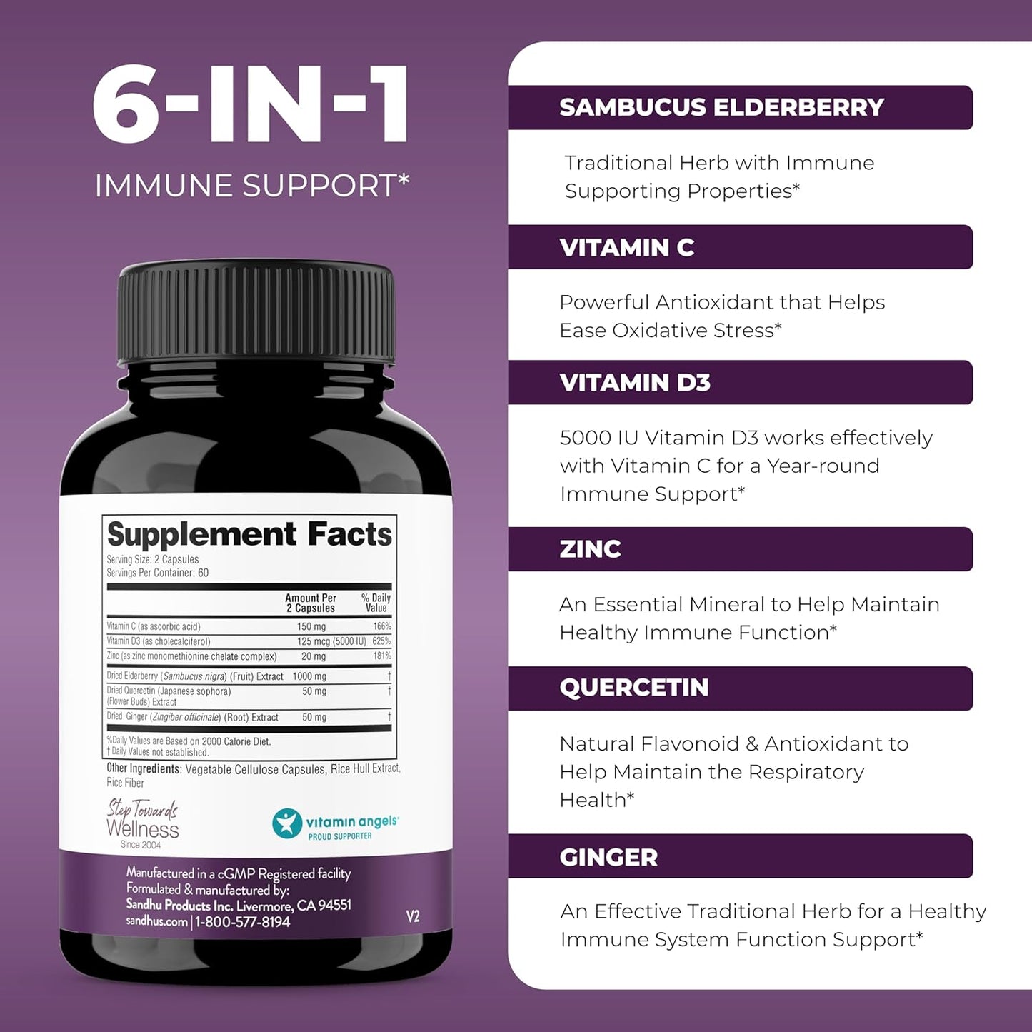 Sandhu's Elderberry & Magnesium Glycinate Complex Capsules | Promotes Immune, Muscle, Bone Health & Quality Sleep