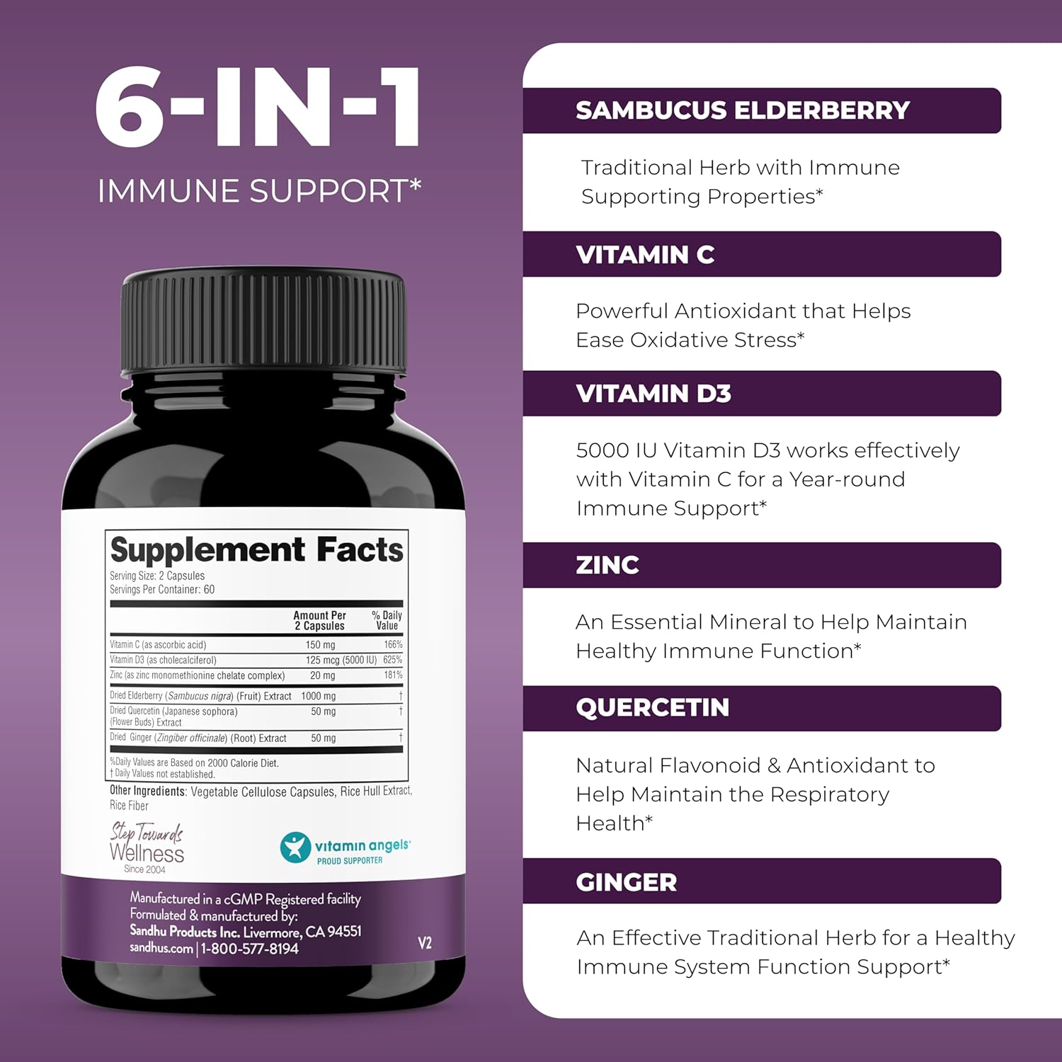 Sandhu's Elderberry & Magnesium Glycinate Complex Capsules | Promotes Immune, Muscle, Bone Health & Quality Sleep