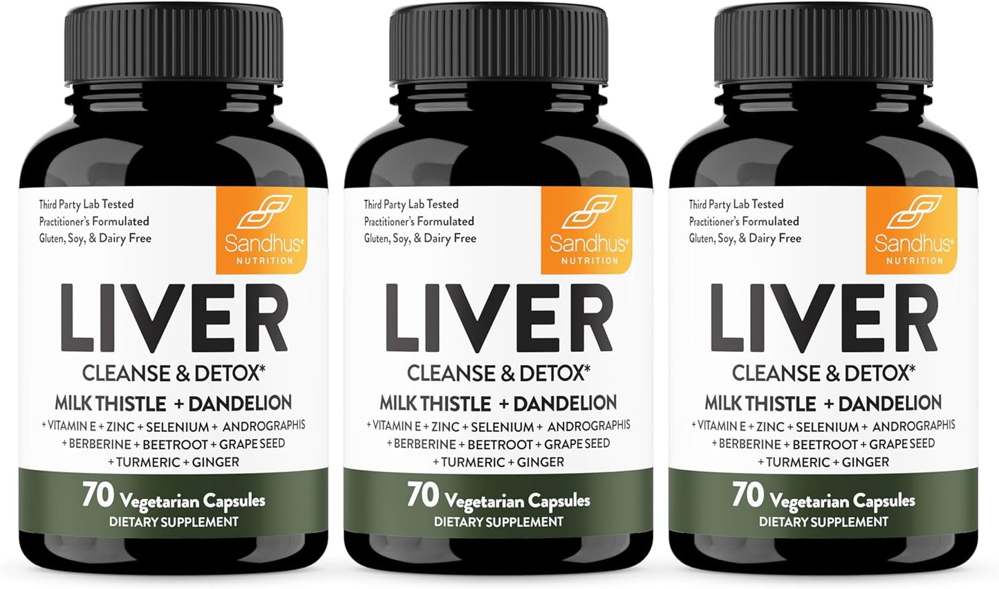 Sandhu's Liver Renew Cleanse Detox & Support Supplement - Pack of 3, 70 Capsules - Herbal Liver Health Formula with Milk Thistle, Dandelion Root & 9 Minerals
