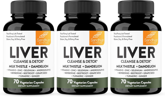 Sandhu's Liver Renew Cleanse Detox & Support Supplement - Pack of 3, 70 Capsules - Herbal Liver Health Formula with Milk Thistle, Dandelion Root & 9 Minerals
