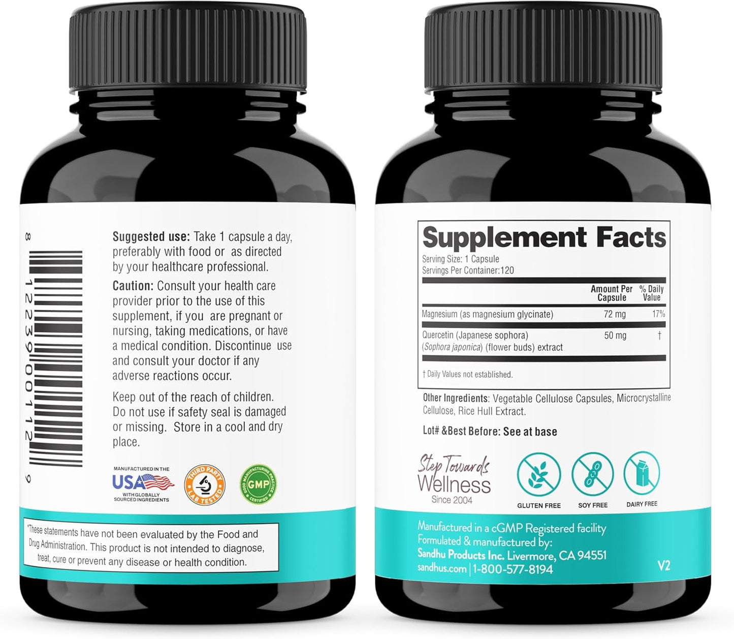 Sandhu's Quercetin & Magnesium Glycinate Complex Capsules for Immune, Muscle, Bone Health & Sleep Support