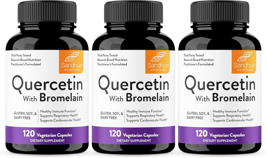 Sandhu's Quercetin with Bromelain 1000mg 120 Count (Pack of 3) Vegetarian Capsules - Immune & Respiratory Health Support Bioflavonoids
