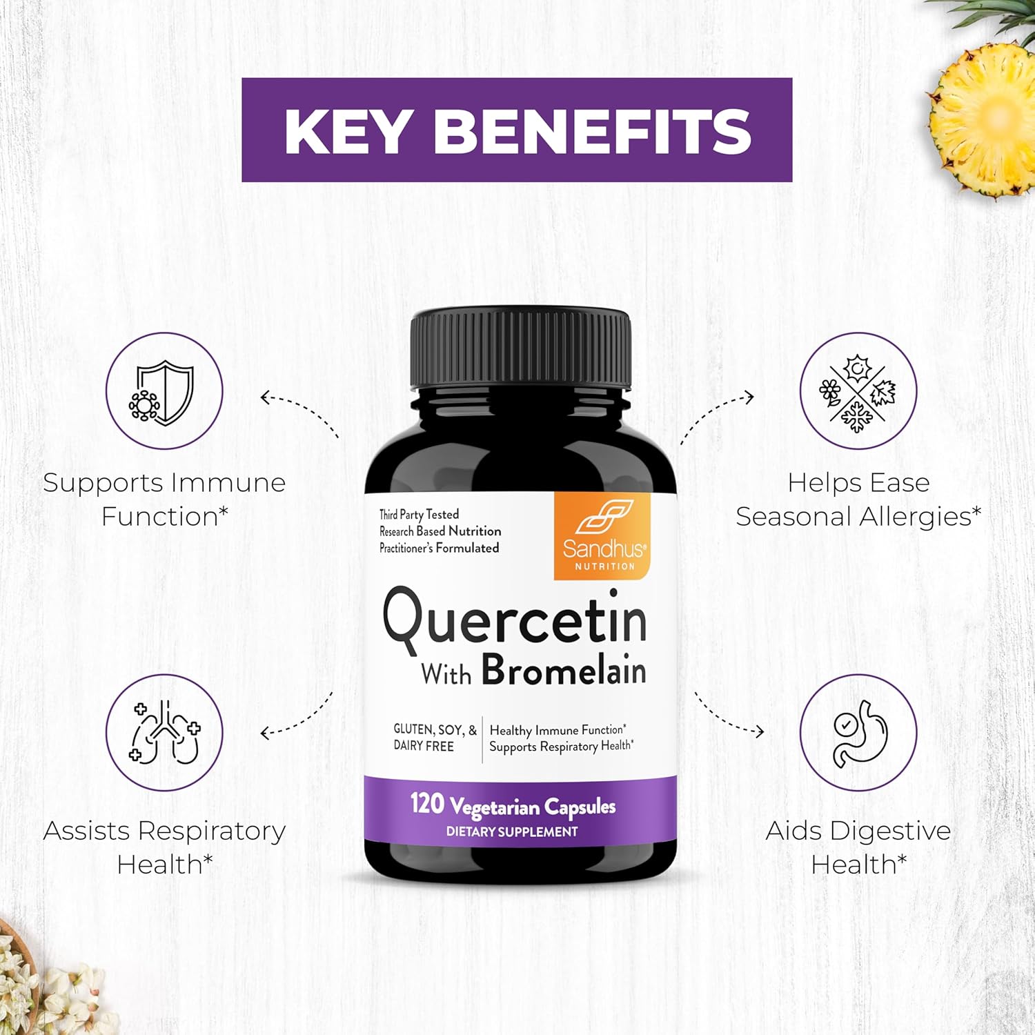 Sandhu's Quercetin with Bromelain 1000mg 120 Count (Pack of 3) Vegetarian Capsules - Immune & Respiratory Health Support Bioflavonoids