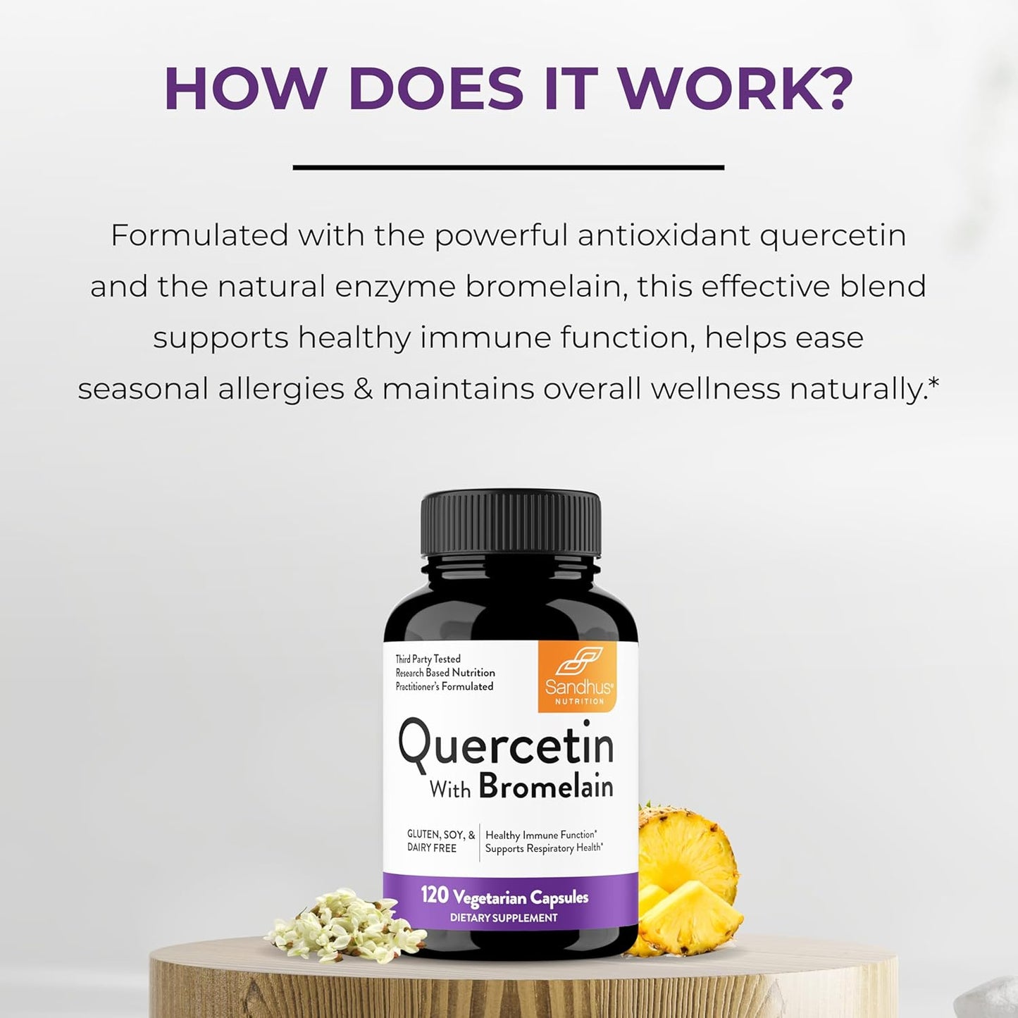 Sandhu's Quercetin with Bromelain 1000mg 120 Count (Pack of 3) Vegetarian Capsules - Immune & Respiratory Health Support Bioflavonoids
