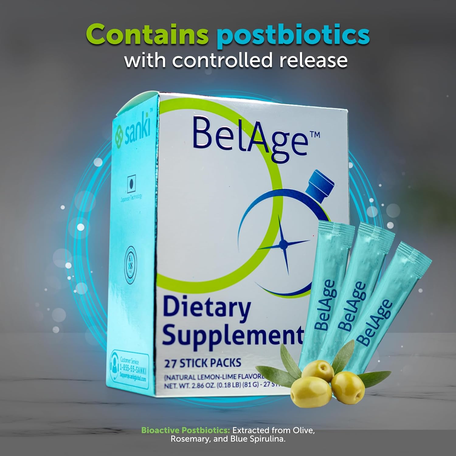 Sanki Global Belage Postbiotic Powder for Enhanced Sports Performance and Energy - Natural Flavored, Gluten Free - 2.86 oz, 27 Sticks (Lemon Lime)