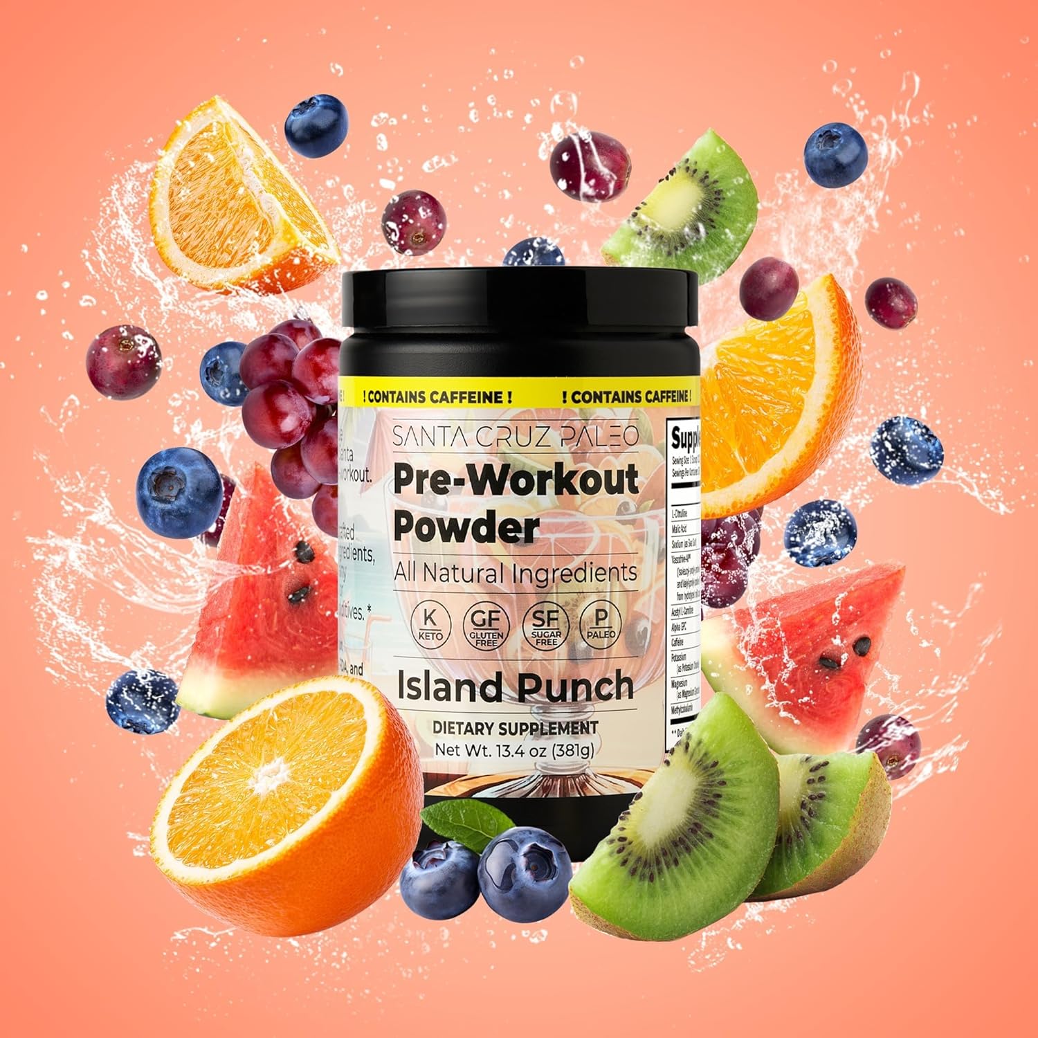 Santa Cruz Island Punch Paleo Pre Workout Powder with Electrolytes, Caffeine, and L-Citrulline - Sugar-Free Energy & Hydration Drink Mix - 30 Servings