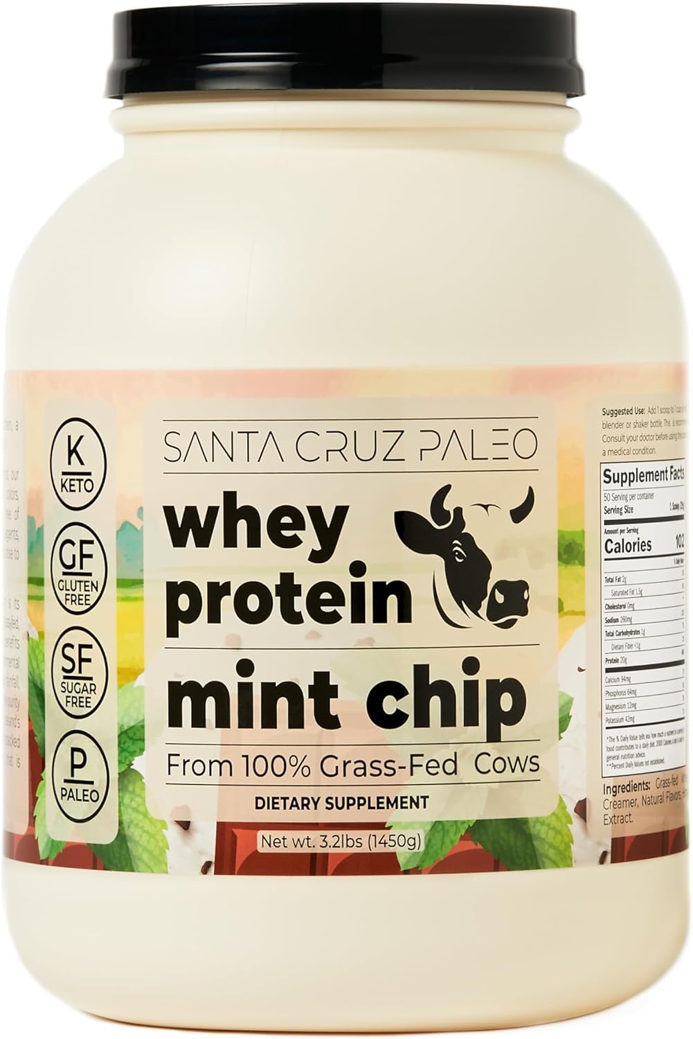 Santa Cruz Mint Chip Paleo Whey Protein Powder - 20g Grass Fed Isolate, Gluten Free, Keto, Sugar Free - Natural Post Workout Muscle Support - 50 Servings, 3.2 Lb Tub