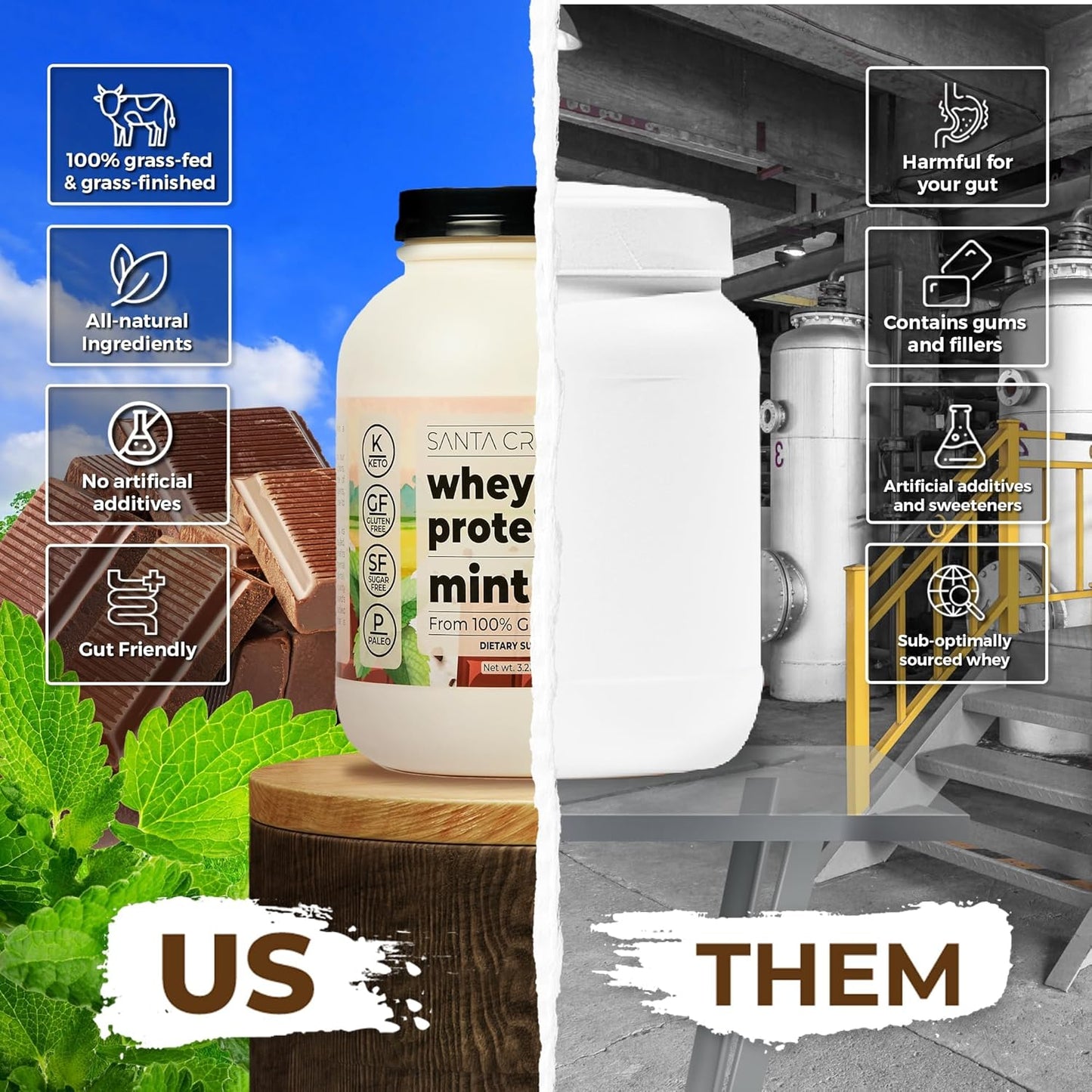 Santa Cruz Mint Chip Paleo Whey Protein Powder - 20g Grass Fed Isolate, Gluten Free, Keto, Sugar Free - Natural Post Workout Muscle Support - 50 Servings, 3.2 Lb Tub