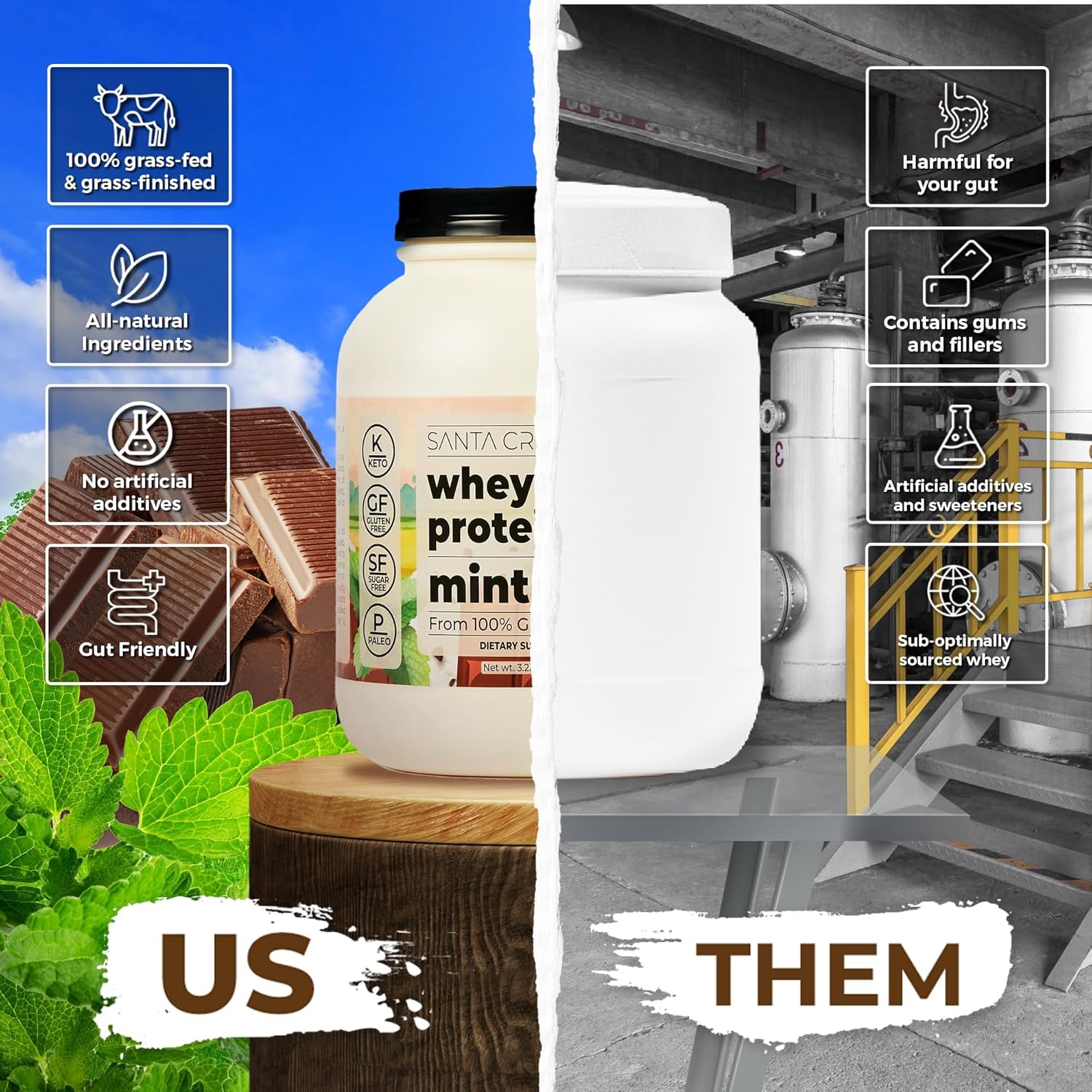 Santa Cruz Mint Chip Paleo Whey Protein Powder - 20g Grass Fed Isolate, Gluten Free, Keto, Sugar Free - Natural Post Workout Muscle Support - 50 Servings, 3.2 Lb Tub