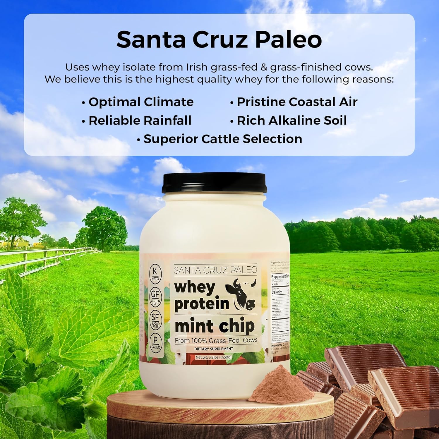Santa Cruz Mint Chip Paleo Whey Protein Powder - 20g Grass Fed Isolate, Gluten Free, Keto, Sugar Free - Natural Post Workout Muscle Support - 50 Servings, 3.2 Lb Tub