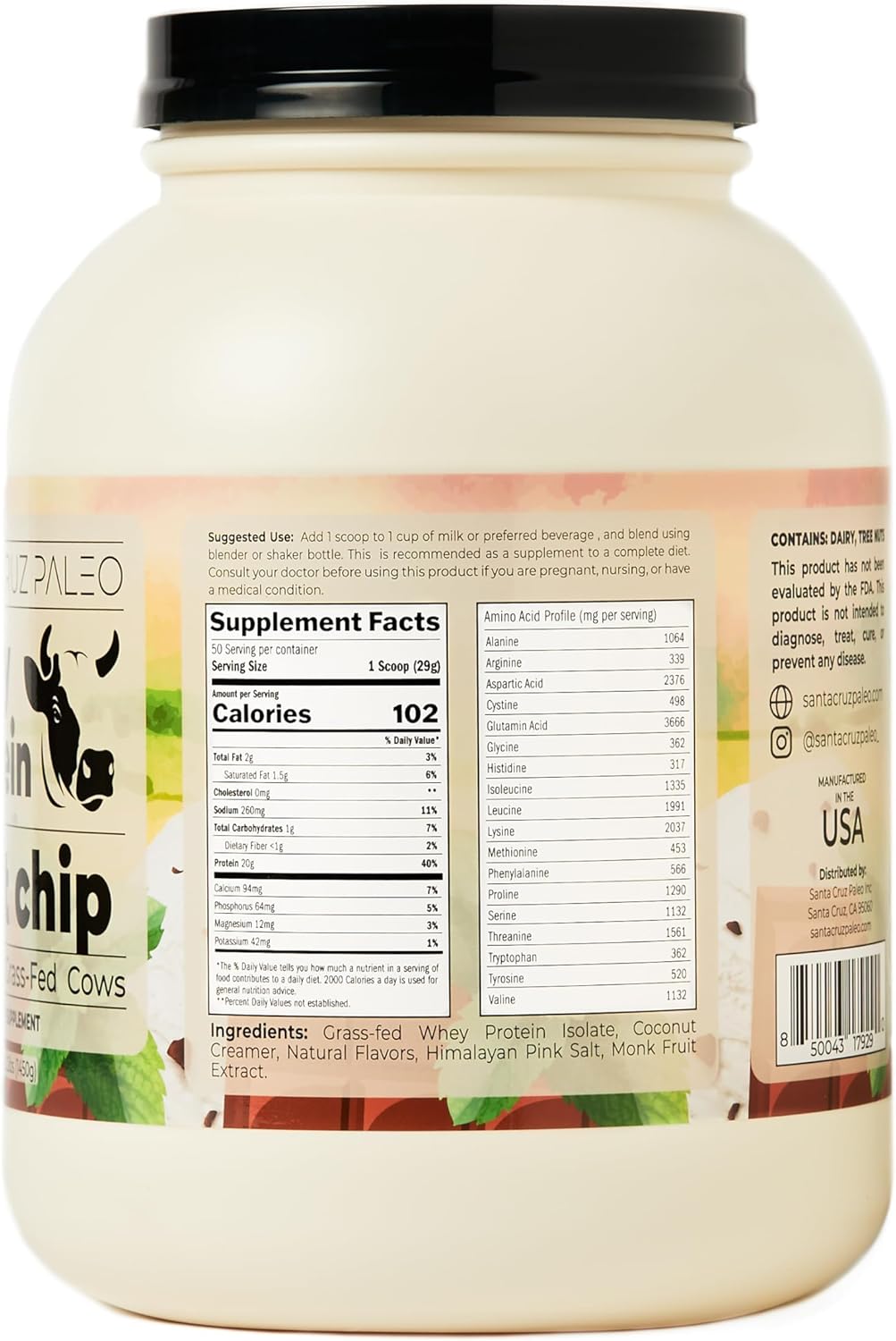 Santa Cruz Mint Chip Paleo Whey Protein Powder - 20g Grass Fed Isolate, Gluten Free, Keto, Sugar Free - Natural Post Workout Muscle Support - 50 Servings, 3.2 Lb Tub
