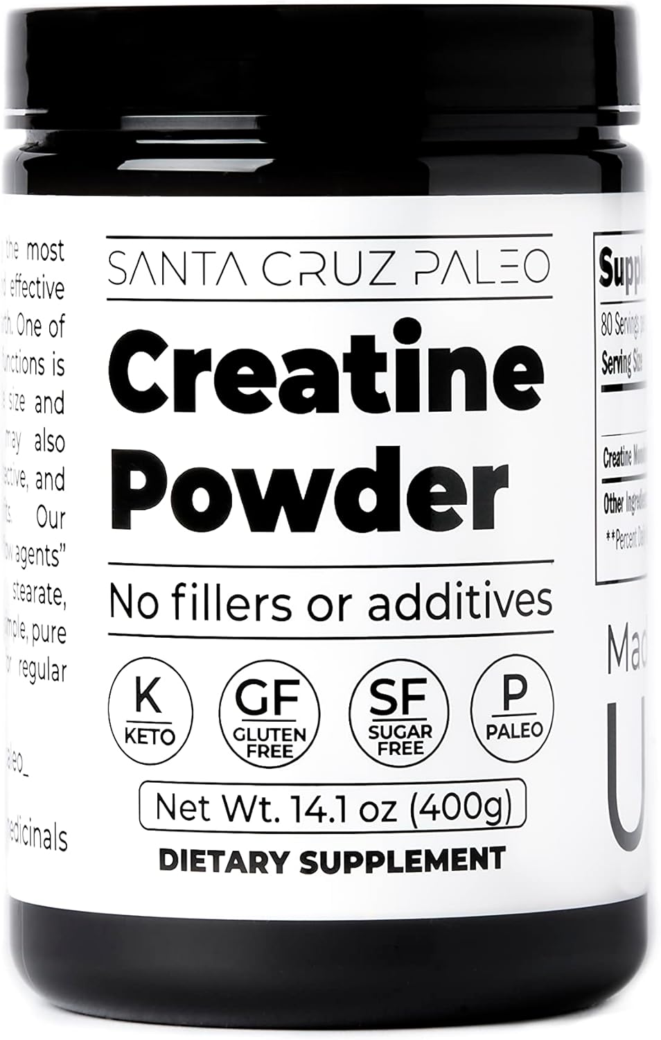 Santa Cruz Paleo Creatine Monohydrate Powder - Gluten Free, Keto, Sugar Free - Muscle Growth & Energy Support - No Fillers - 14.1oz, 80 Servings