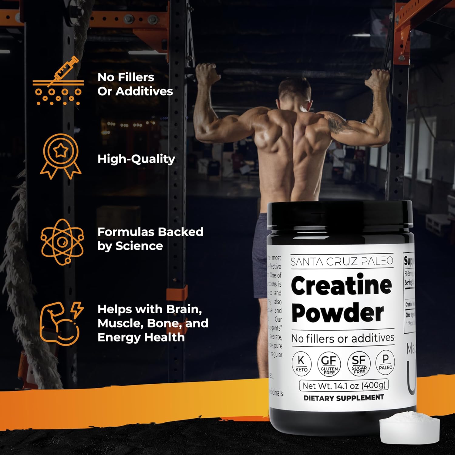 Santa Cruz Paleo Creatine Monohydrate Powder - Gluten Free, Keto, Sugar Free - Muscle Growth & Energy Support - No Fillers - 14.1oz, 80 Servings