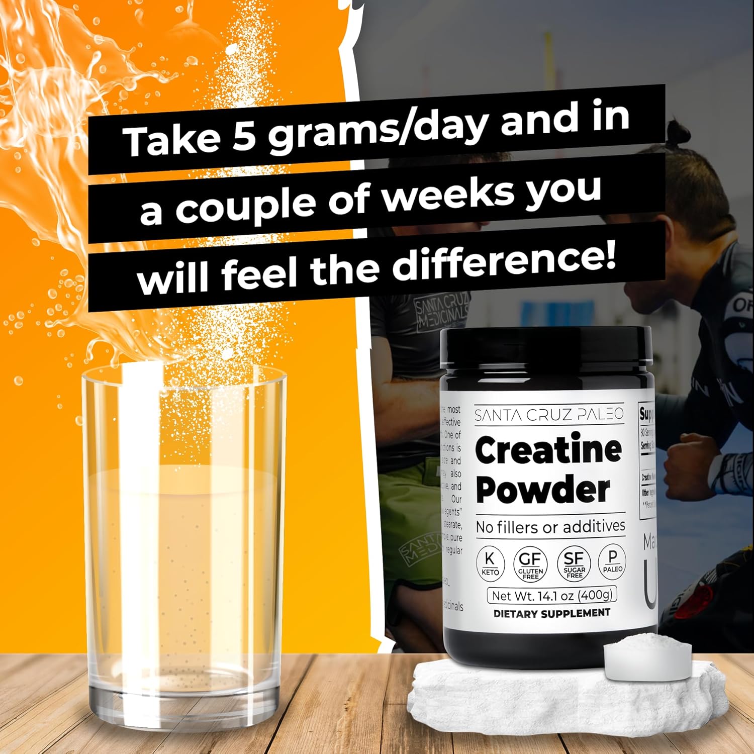 Santa Cruz Paleo Creatine Monohydrate Powder - Gluten Free, Keto, Sugar Free - Muscle Growth & Energy Support - No Fillers - 14.1oz, 80 Servings