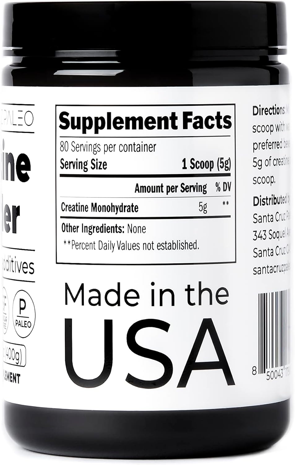 Santa Cruz Paleo Creatine Monohydrate Powder - Gluten Free, Keto, Sugar Free - Muscle Growth & Energy Support - No Fillers - 14.1oz, 80 Servings