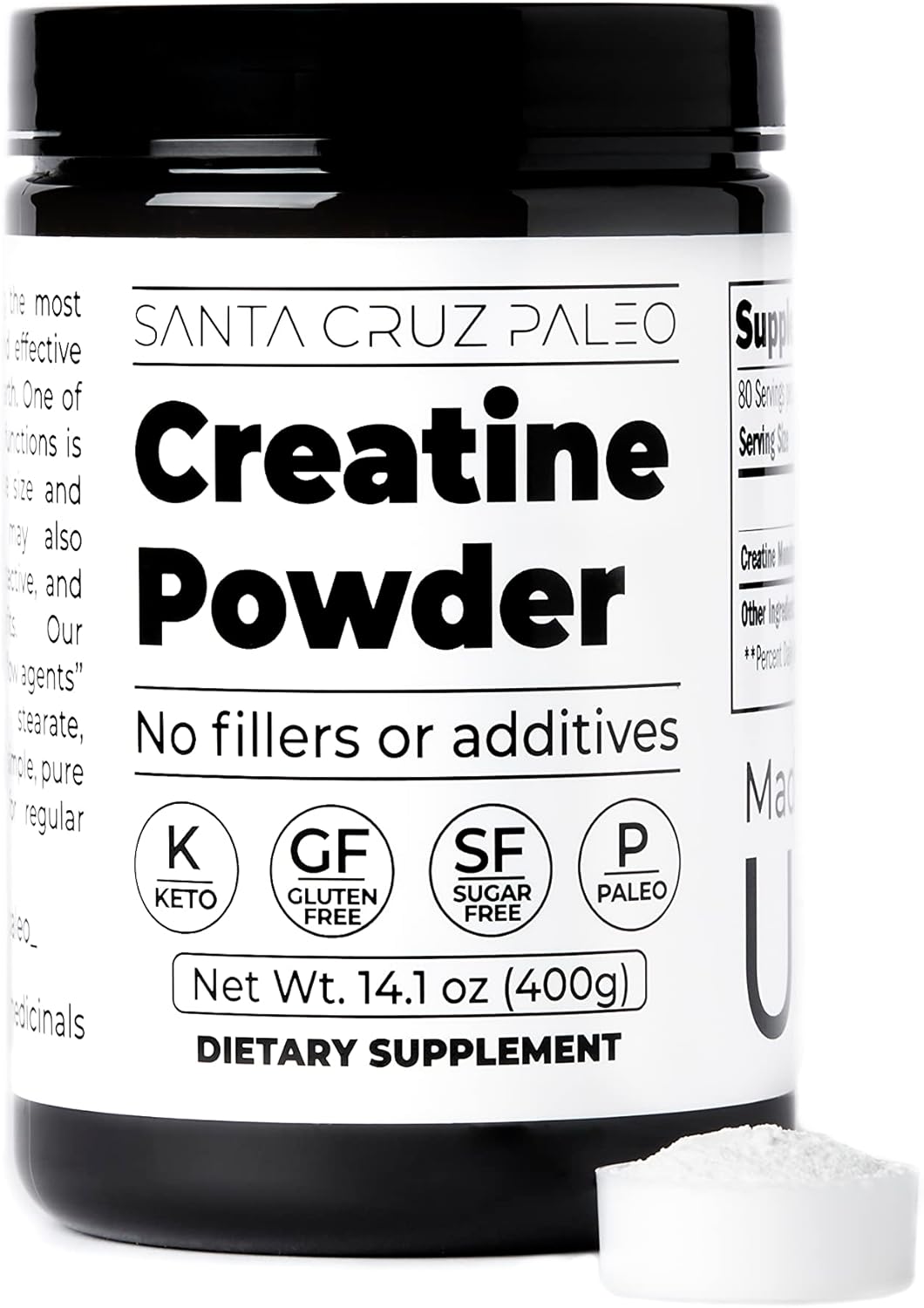 Santa Cruz Paleo Creatine Monohydrate Powder - Gluten Free, Keto, Sugar Free - Muscle Growth & Energy Support - No Fillers - 14.1oz, 80 Servings