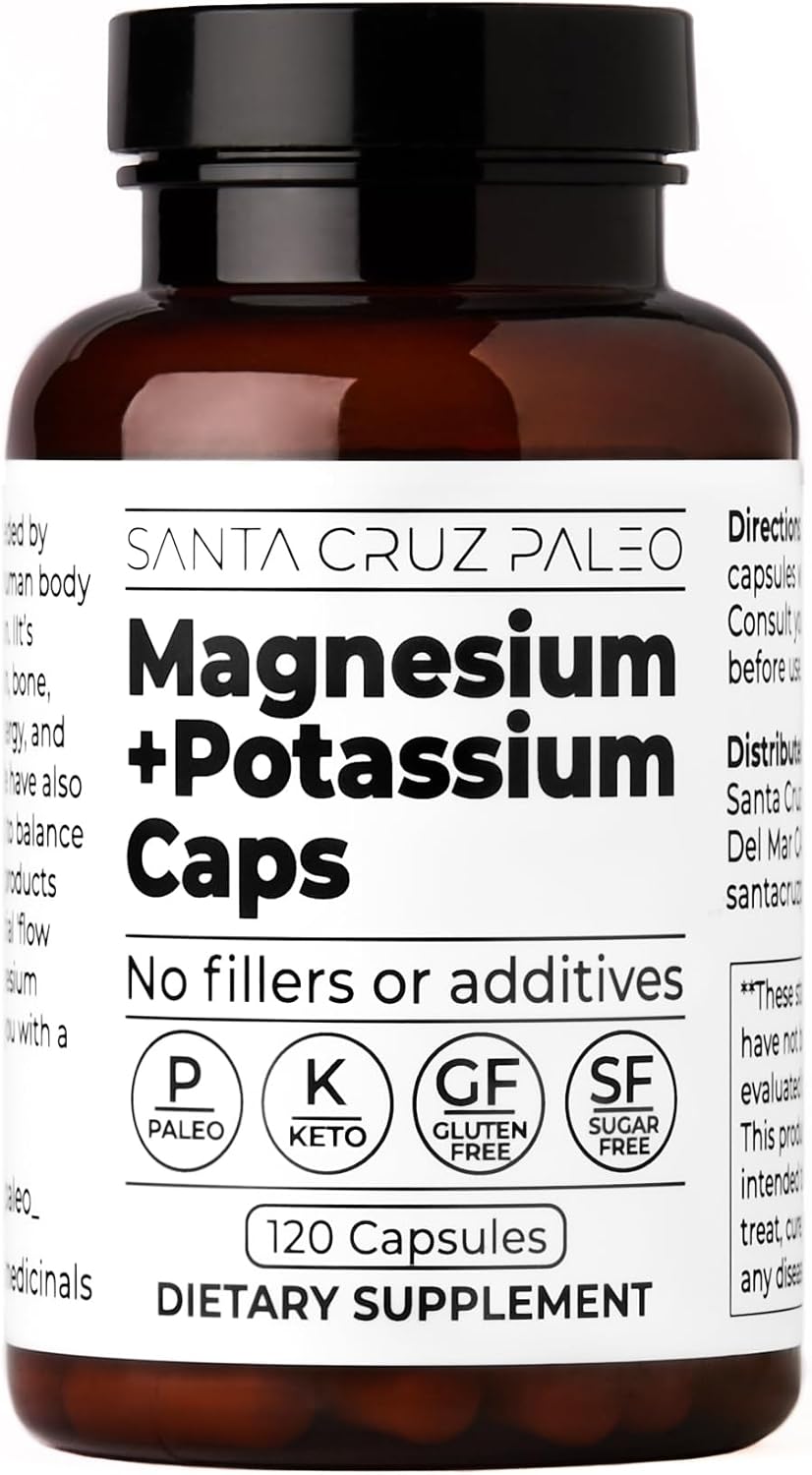 Santa Cruz Paleo Magnesium Potassium Capsules, 120 Capsules, Magnesium Glycinate & Potassium Citrate, Gluten Free, Keto, Sugar Free - Supports Health, Brain, Muscle, Bone & Energy.