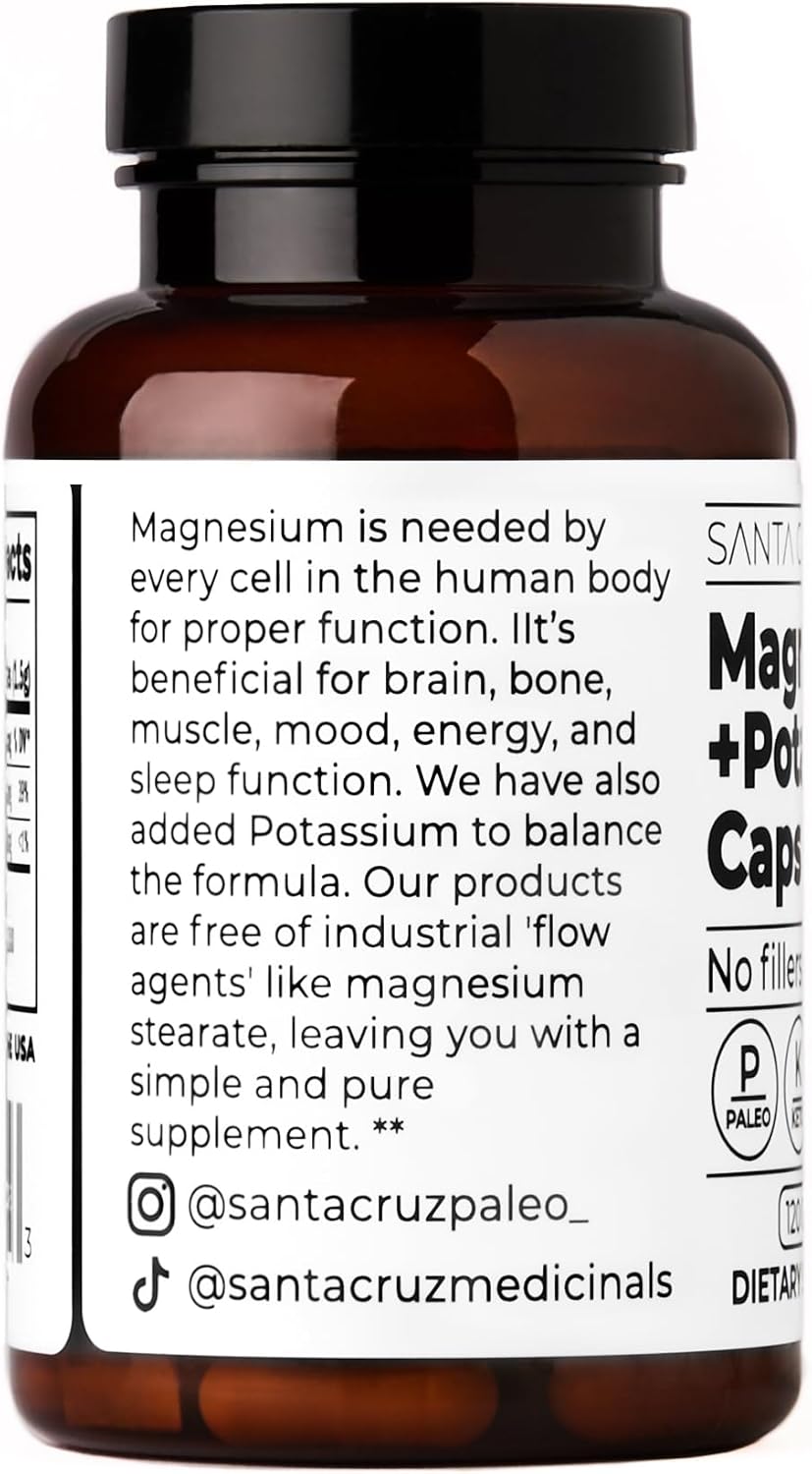 Santa Cruz Paleo Magnesium Potassium Capsules, 120 Capsules, Magnesium Glycinate & Potassium Citrate, Gluten Free, Keto, Sugar Free - Supports Health, Brain, Muscle, Bone & Energy.