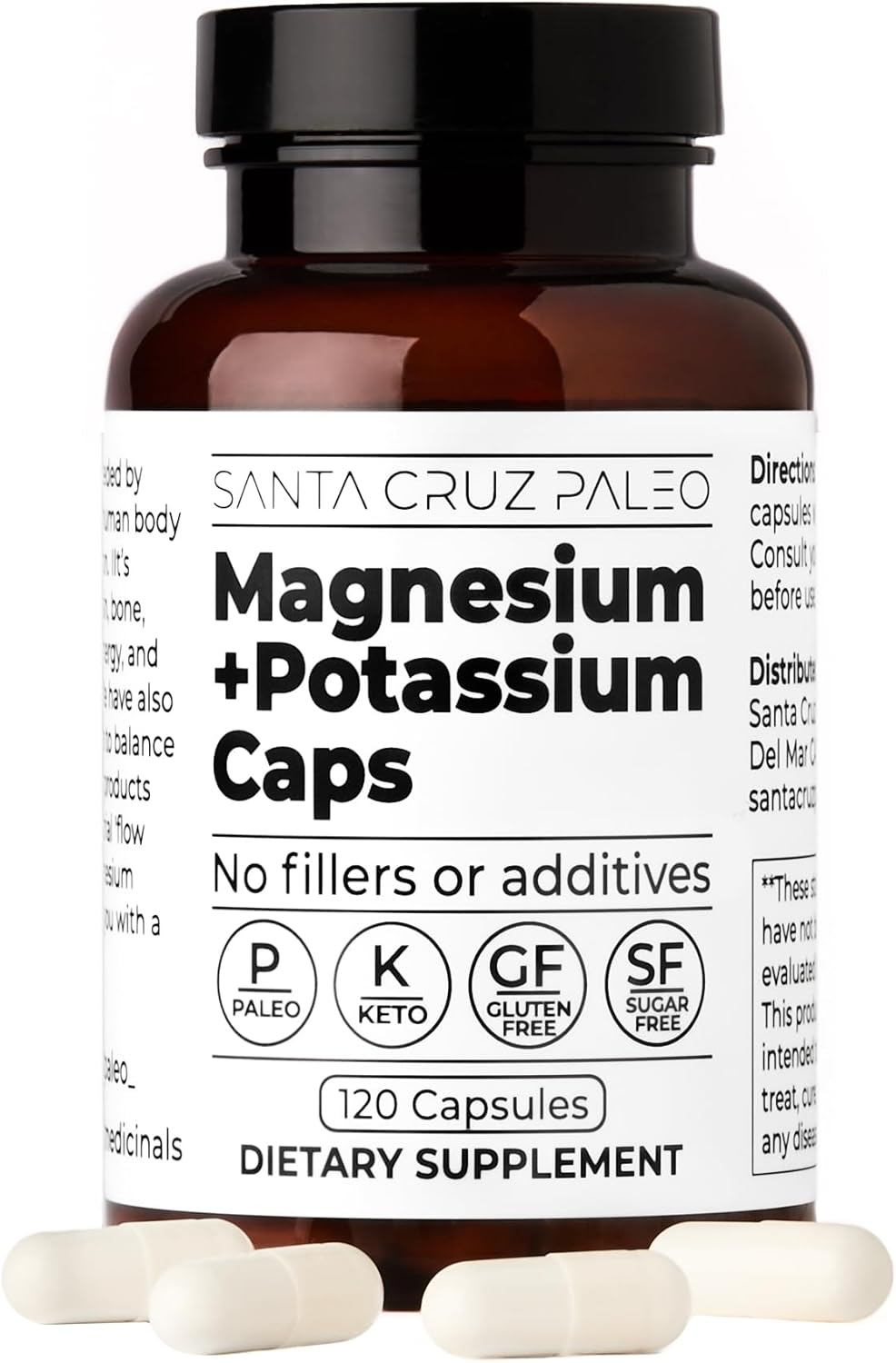 Santa Cruz Paleo Magnesium Potassium Capsules, 120 Capsules, Magnesium Glycinate & Potassium Citrate, Gluten Free, Keto, Sugar Free - Supports Health, Brain, Muscle, Bone & Energy.