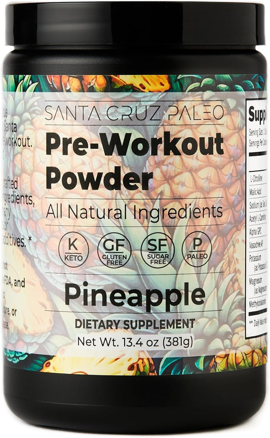 Santa Cruz Paleo Pineapple Pre Workout Powder with Electrolytes, Magnesium, Potassium, L-Citrulline - Caffeine & Sugar Free - Energy & Hydration Drink Mix - 30 Servings