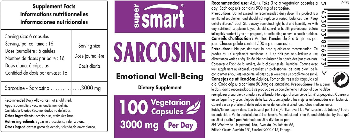 Sarcosine Nootropic Supplement - 3000mg Daily - Brain Nutrition - Non-GMO & Gluten Free - 100 Vegetarian Capsules
