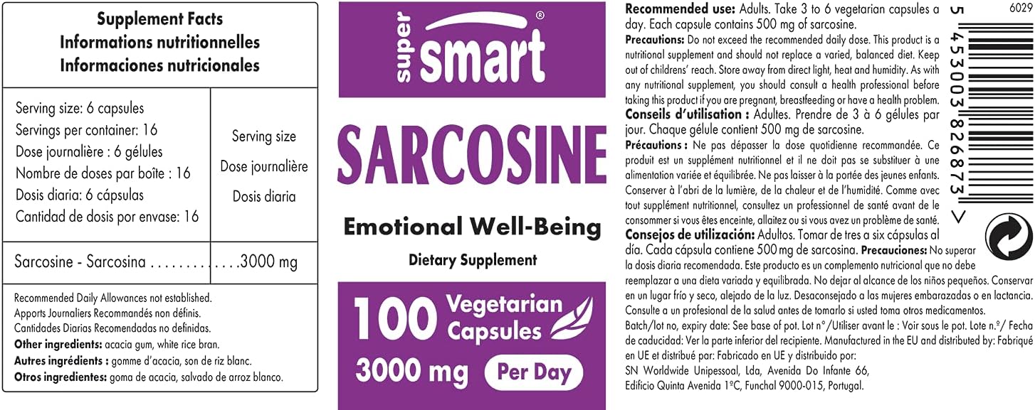 Sarcosine Nootropic Supplement - 3000mg Daily - Brain Nutrition - Non-GMO & Gluten Free - 100 Vegetarian Capsules