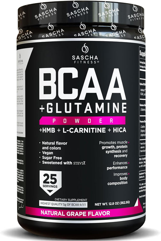 SASCHA FITNESS BCAA Powder Blend with Glutamine, HMB, L-Carnitine, HICA - Grape Flavor - 362.5g