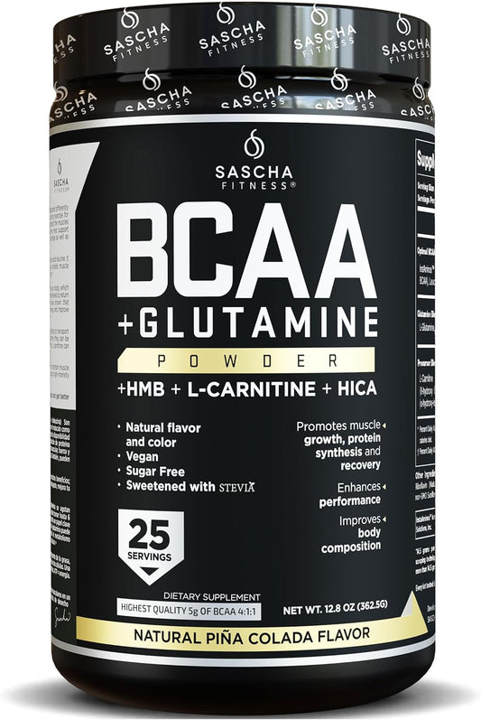 SASCHA FITNESS BCAA Powder Blend with Glutamine, HMB, L-Carnitine, HICA | Pre, Intra, Post-Workout | Natural Piña Colada, 362.5g