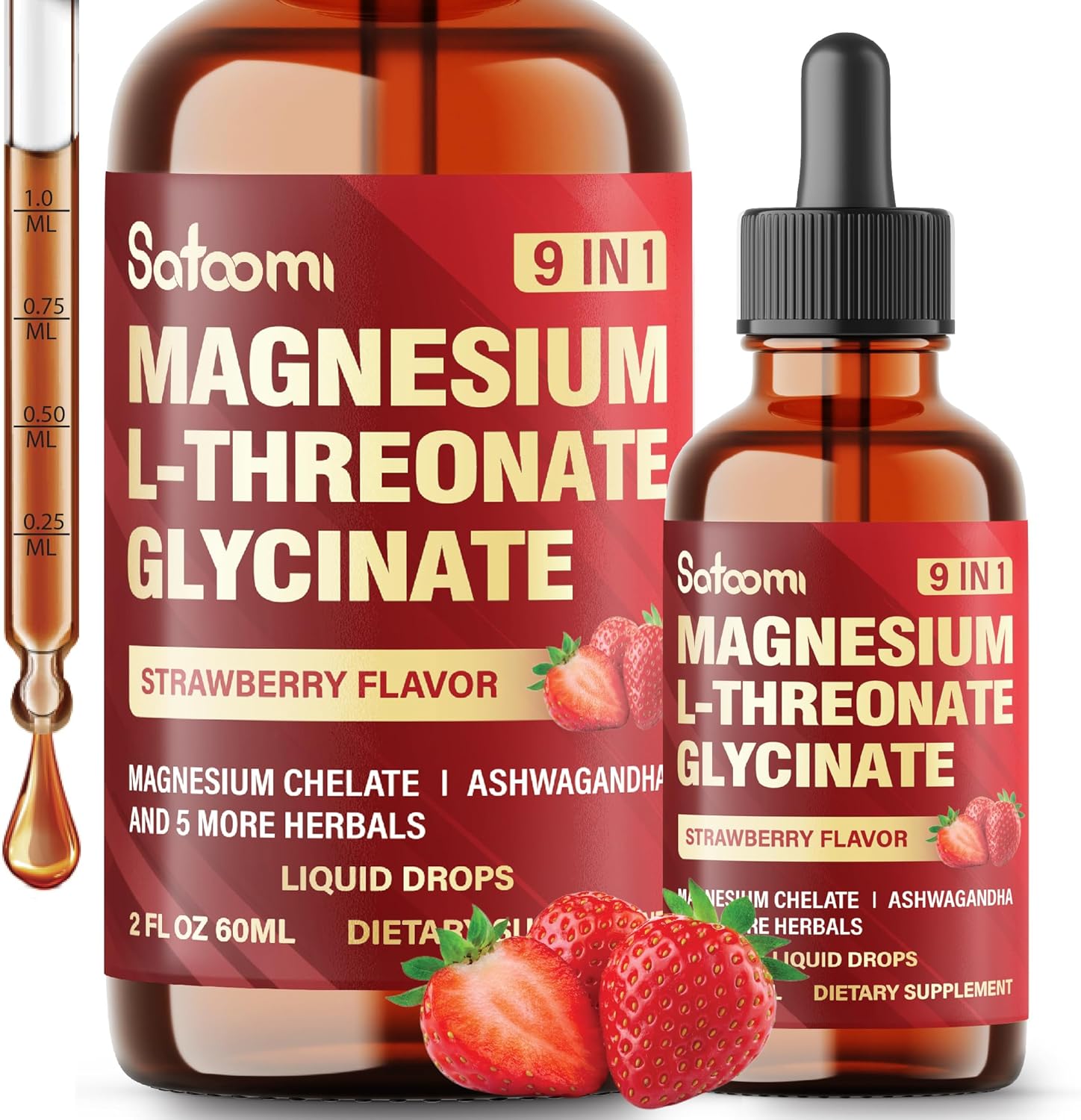 Satoomi 9-in-1 Magnesium L-Threonate Liquid Drops with Glycinate and Vitamin D3 - Strawberry Flavor for Mood & Immune Support - 60ml
