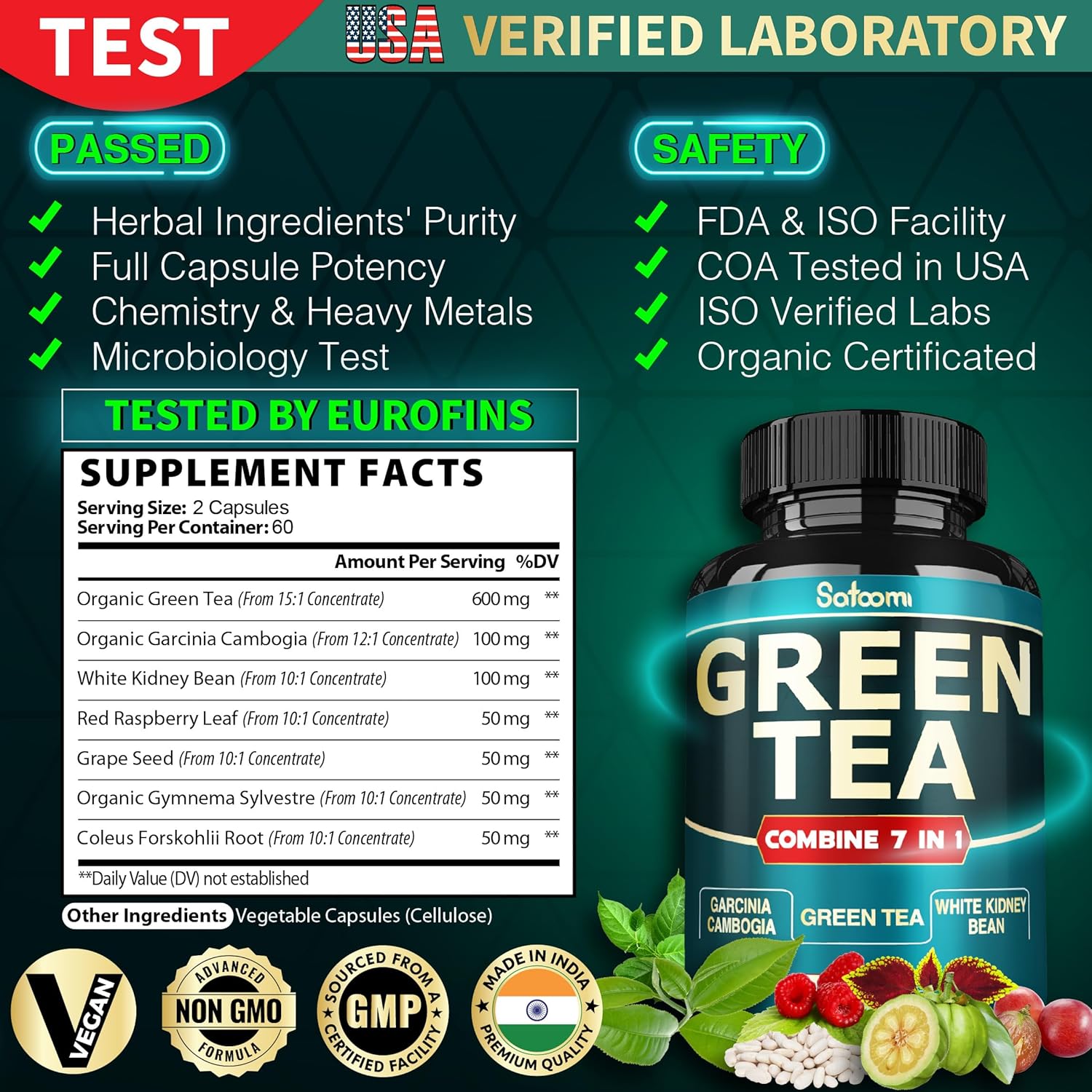 Satoomi Green Tea Extract Capsules - 13200mg per Serving with Garcinia Cambogia, Raspberry, Grape Seed - Body Management, Mind & Immunity Support - 120 Capsules