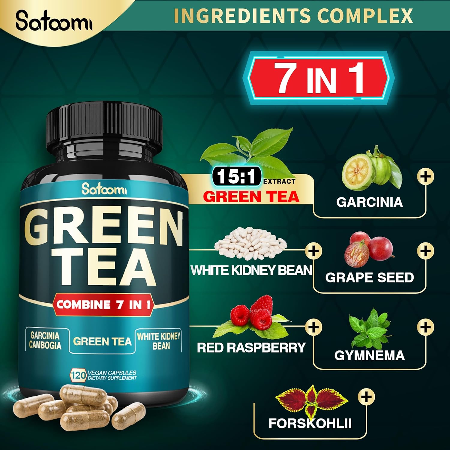Satoomi Green Tea Extract Capsules - 13200mg per Serving with Garcinia Cambogia, Raspberry, Grape Seed - Body Management, Mind & Immunity Support - 120 Capsules