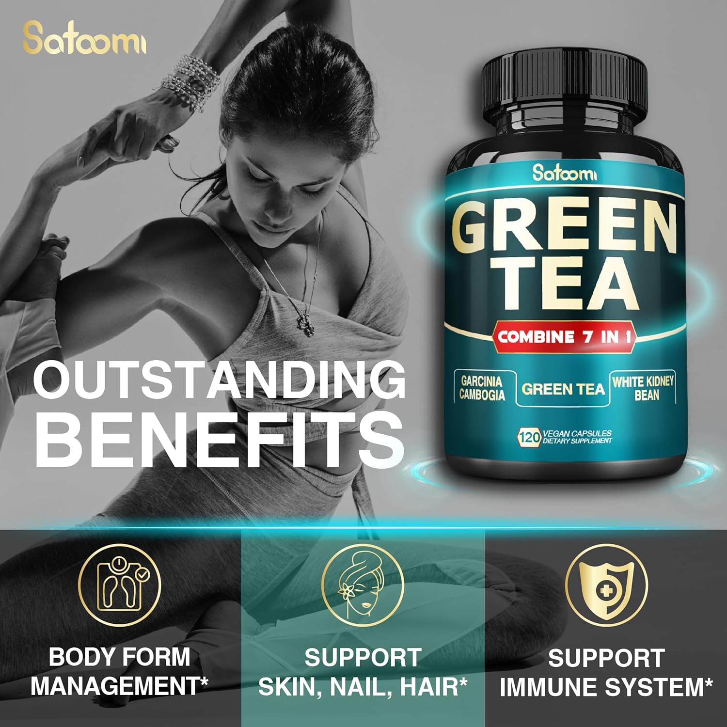 Satoomi Green Tea Extract Capsules - 13200mg per Serving with Garcinia Cambogia, Raspberry, Grape Seed - Body Management, Mind & Immunity Support - 120 Capsules