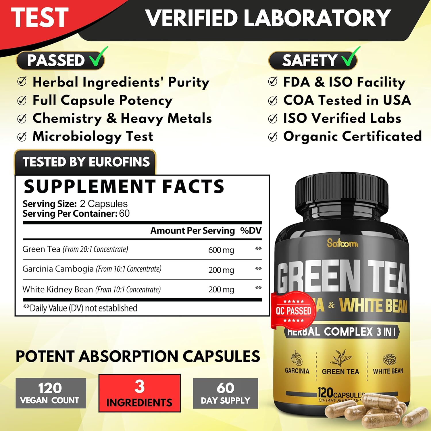 Satoomi Green Tea Extract Pills with Garcinia Cambogia & White Kidney Bean - 120 Capsules for Body Balance & Immune Health