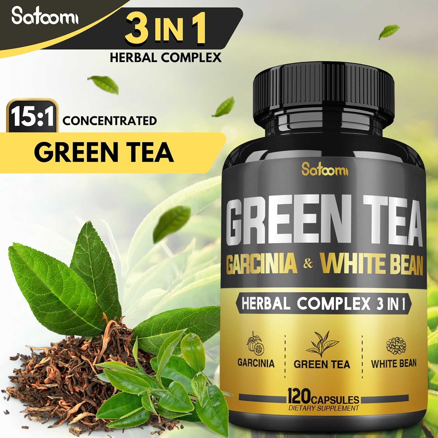 Satoomi Green Tea Extract Pills with Garcinia Cambogia & White Kidney Bean - 120 Capsules for Body Balance & Immune Health